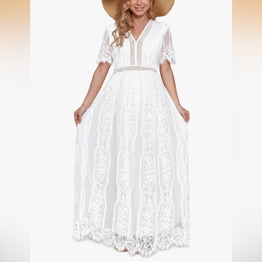 V Neck Floral Lace White Short Sleeve Boho Photoshoot Maternity Dress small - Picture 3 of 12